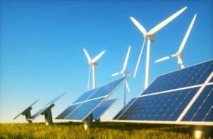 3d render image of grass field with photovoltaic and wind power plants