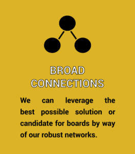Broad Connections. We can leverage the best possible solution or candidate for boards by way of our robust networks.